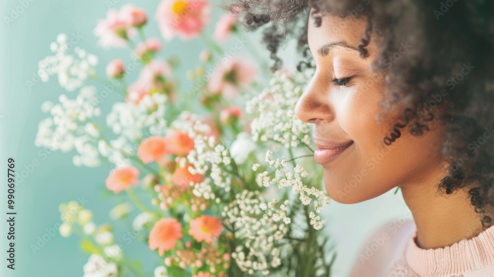 Fototapeta premium A woman with curly hair takes a moment to appreciate the delightful scent of fresh flowers in a bright room