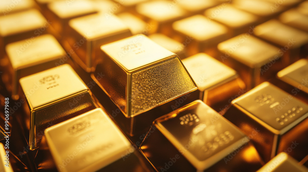 Rows of gleaming gold bars arranged in a pattern Rows of gleaming gold bars arranged in a pattern