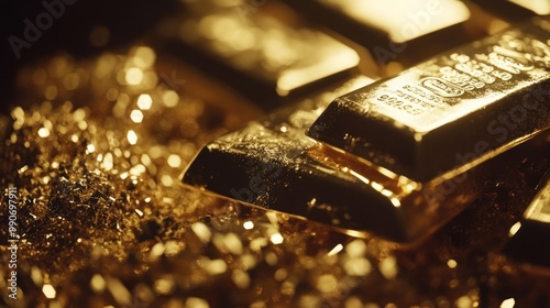 Close-up of stacked gold bars on a pile of gold pieces