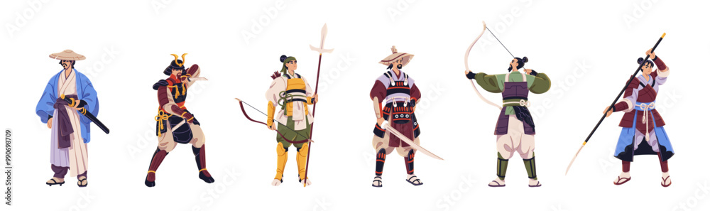 Samurais in armor set. Ancient Japanese warriors with armour. Asian soldiers, ninja in traditional clothes. Oriental fighter with weapon, katana. Flat isolated vector illustrations on white background Samurais in armor set. Ancient Japanese warriors with armour. Asian soldiers, ninja in traditional clothes. Oriental fighter with weapon, katana. Flat isolated vector illustrations on white background