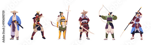 Samurais in armor set. Ancient Japanese warriors with armour. Asian soldiers, ninja in traditional clothes. Oriental fighter with weapon, katana. Flat isolated vector illustrations on white background