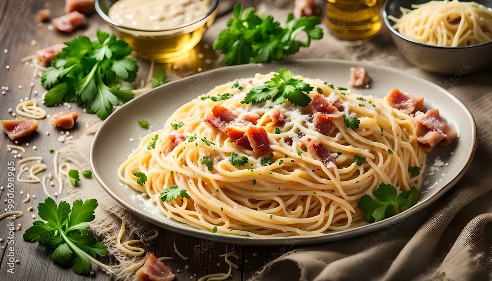 Classic homemade carbonara pasta with pancetta, egg, hard parmesan cheese and cream sauce. Italian cuisine. Spaghetti alla carbonara. Classic homemade carbonara pasta with pancetta, egg, hard parmesan cheese and cream sauce. Italian cuisine. Spaghetti alla carbonara.