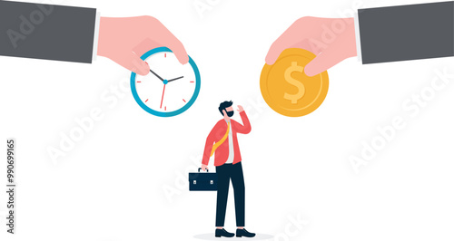 Business man getting confused while choosing time and money