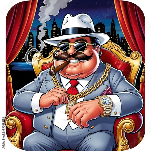 A Funny Rich Gangster in sunglasses and gold chain with cigar in hand vector illustration