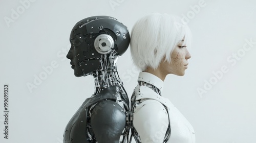 Black and white robots back to back symbolizing coexistence photo