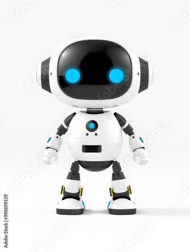 Cute white robot with blue glowing eyes on the white background. AI illustration. 