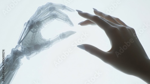 Transparent robotic and human hand reaching each other photo