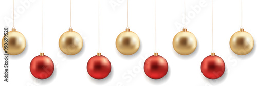 Christmas golden and red balls with shadow on transparent background. Christmas toys. Luxurious hanging trinkets with ribbon. Festive glitter design elements. Vector illustration EPS 10