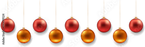 Christmas golden and red balls with shadow on transparent background. Christmas toys. Luxurious hanging trinkets with ribbon. Festive glitter design elements. Vector illustration EPS 10