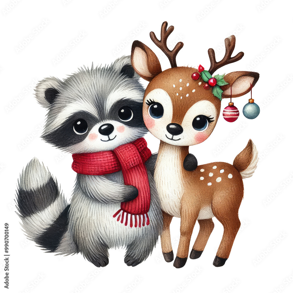 Obraz premium Cartoon cute animal couple, watercolor hand draw christmas illustration, Christmas Theme Illustration. Cute Bear Wearing a Santa Hat. winter season.