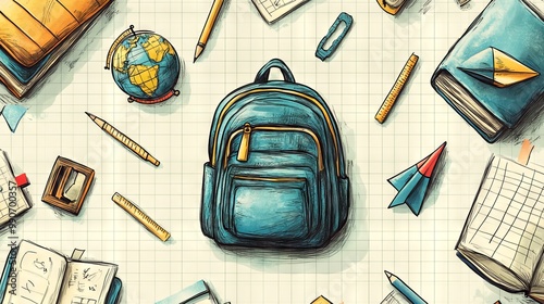 Illustrated Backpack and School Supplies on Grid Paper
 photo