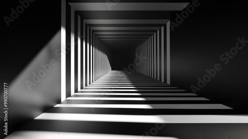 Black and white striped tunnel with a light at the end.