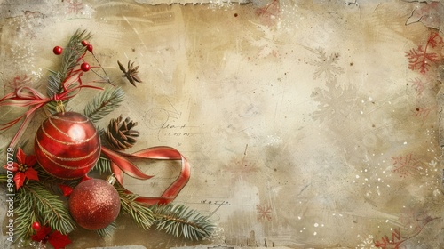 Vintage-style Christmas card with old-fashioned ornaments and ribbons