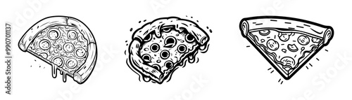 Vector illustration of three black and white pizza slices, showcasing different styles of classic pepperoni pizza.