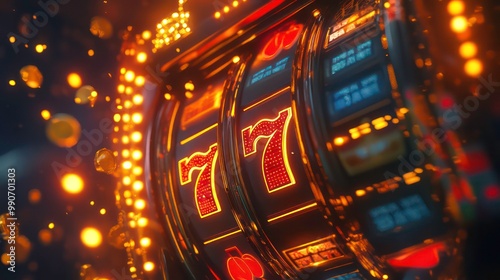 A close-up shot of a slot machine with the numbers 77 lit up, signifying a win. The background has an out-of-focus bokeh effect of flashing lights.