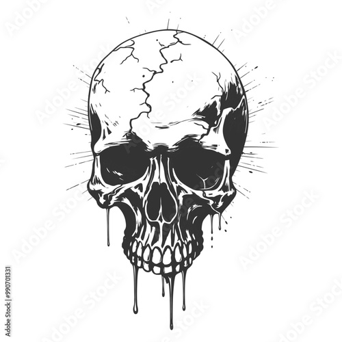 Vector illustration of a cracked skull with dripping effects and distressed details, perfect for tattoo designs, horror themes, and gothic art.