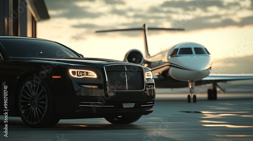 A black luxury car parked in front of a private jet.
