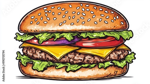 A cartoon hamburger with lettuce cheese and tomato drawn with exaggerated proportions photo