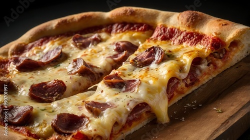 Slice of pizza with crispy crust, meat, and cheese