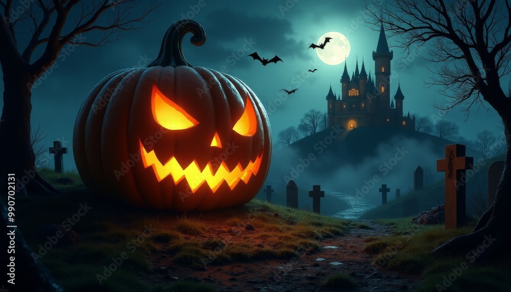 Fototapeta premium Halloween Table - Old Wooden Plank With Orange Pumpkin In Purple Landscape With Moonlight