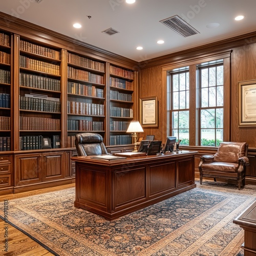 A Luxurious Wooden Library with a Large Desk and a Leather Chair photo