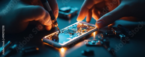 Close-up of hands repairing a smartphone screen with tools, showcasing intricate electronic components and glowing circuits.