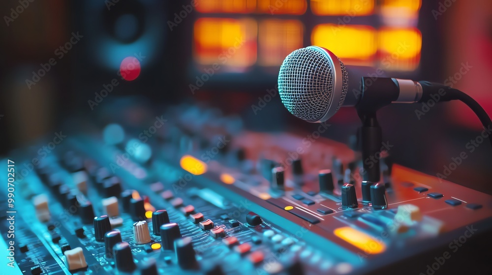 A microphone is in front of a soundboard in a recording studio. A microphone is in front of a soundboard in a recording studio.