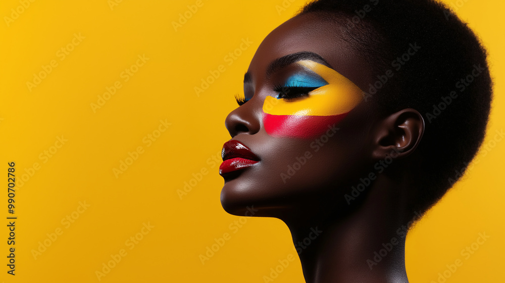 A woman with colourful makeup on her face