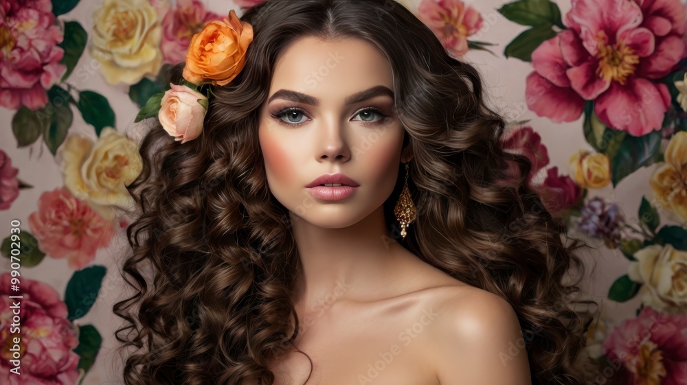 Stunning brunette with long curls, floral accents, and bright makeup Stunning brunette with long curls, floral accents, and bright makeup