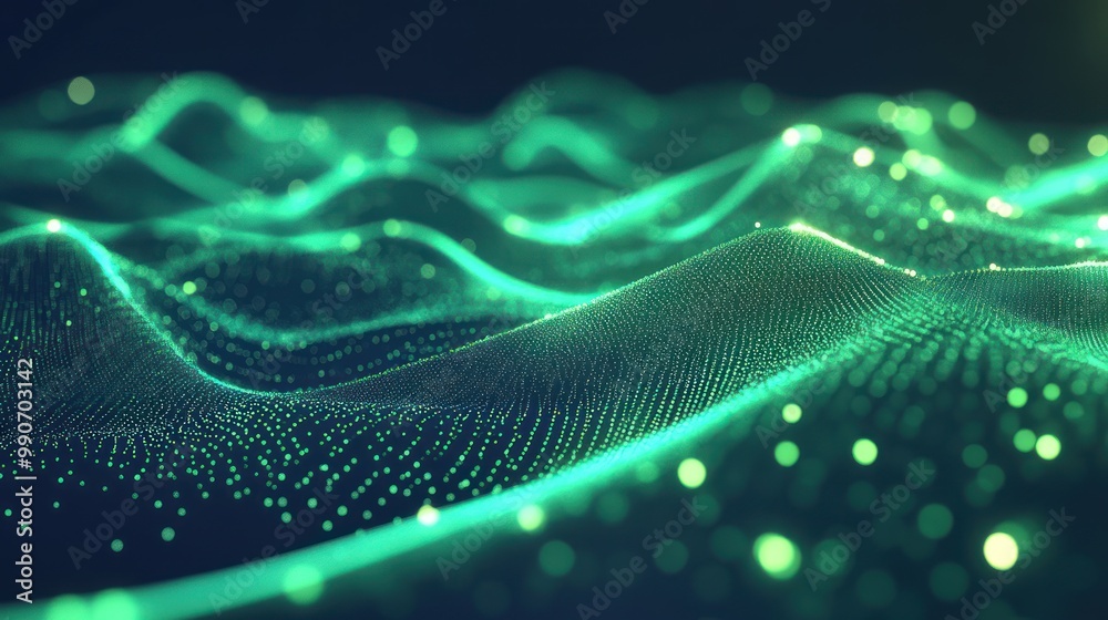 Abstract digital landscape with glowing green waves and particles. Abstract digital landscape with glowing green waves and particles.