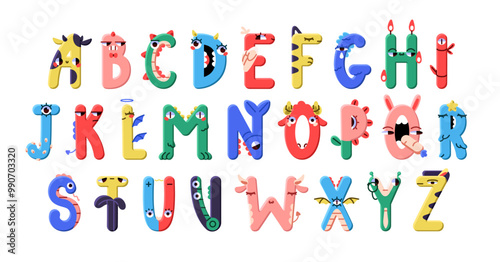 English alphabet with monsters' figures set. Cute ABC for kids, elementary education. Funny letters of dinosaurs' font. Script with animals. Flat isolated vector illustrations on white background