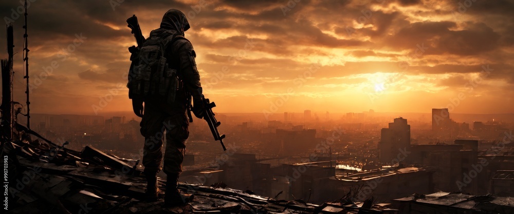 A lone soldier, equipped with tactical gear and rifle, stands on a damaged rooftop at sunset. The soldier overlooks a desolate, war-torn cityscape. The mood conveys isolation, tension, and survival in A lone soldier, equipped with tactical gear and rifle, stands on a damaged rooftop at sunset. The soldier overlooks a desolate, war-torn cityscape. The mood conveys isolation, tension, and survival in