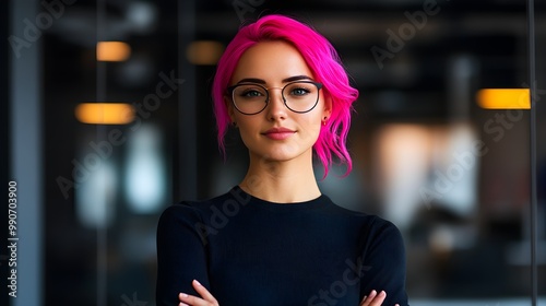 Successful lesbian entrepreneur with pink hair standing at an office window, sunlight illuminating her. A confident symbol of LGBTQ+ inclusion