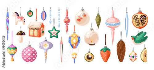 Set of vintage Xmas baubles. Christmas tree ornaments with different shape. New Year decoration: glass balls, cones, figures. Festive decor. Flat isolated vector illustration on white background