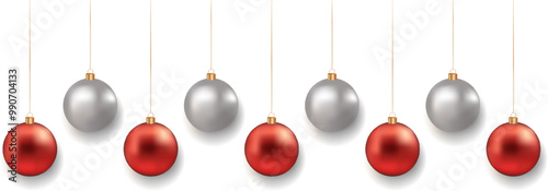Christmas silver and red balls with shadow on transparent background. Christmas toys. Luxurious hanging trinkets with ribbon. Festive glitter design elements. Vector illustration EPS 10