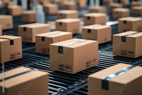 Cardboard boxes on a conveyor belt in a warehouse.