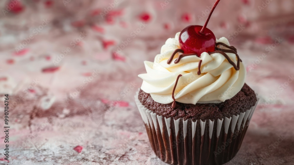 A single chocolate cupcake with swirled buttercream frosting and a cherry on top A single chocolate cupcake with swirled buttercream frosting and a cherry on top