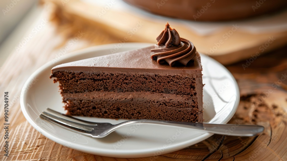 A single slice of decadent chocolate cake on a white plate with a fork A single slice of decadent chocolate cake on a white plate with a fork