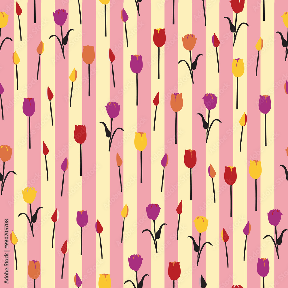 bright tulips on romantic pink and cream striped background bright tulips on romantic pink and cream striped background