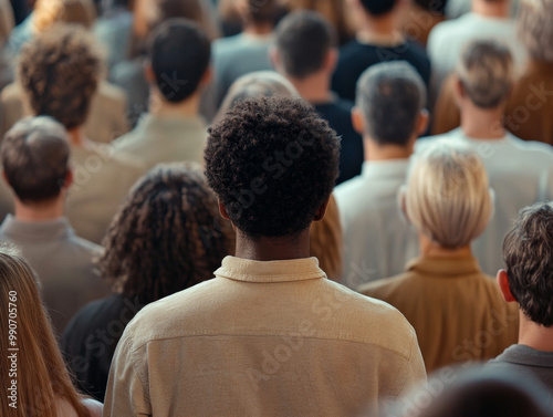 Crowd of People Facing Back with Focus on One Person