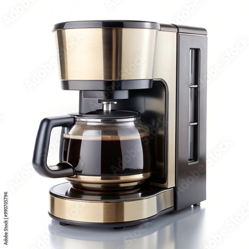  Close-up of a modern coffee maker filled with freshly brewed coffee, isolated on a white background, representing morning routines and kitchen appliances.