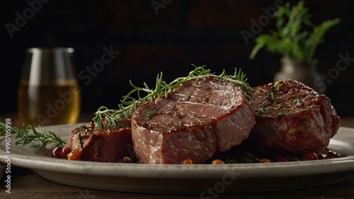 Meat, Steak with Blood, Wine, Black Pepper, Thyme, Rosemary, New Potatoes, Food, Spices, Kitchen Utensils, Wooden Slicing Board, Beef