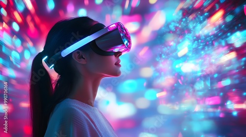 Woman Wearing Virtual Reality Headset in a Futuristic Setting