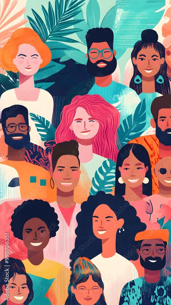 A flat illustration of diverse people standing together, symbolizing unity and diversity in the fight against oppression A flat illustration of diverse people standing together, symbolizing unity and diversity in the fight against oppression