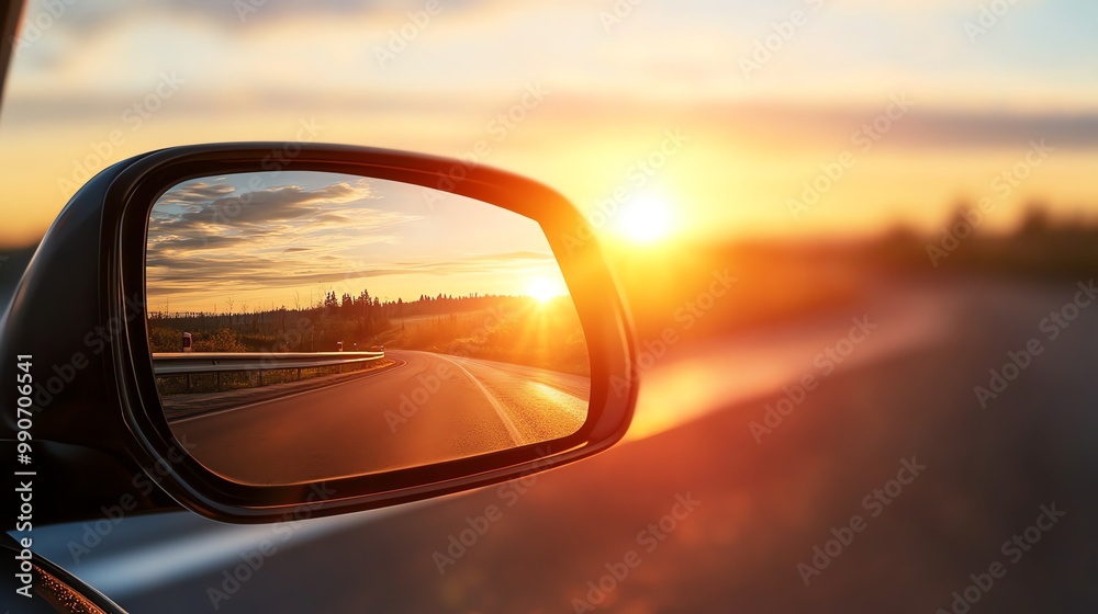 A car driving on a road, sunset is reflected in the rear view mirror. A car driving on a road, sunset is reflected in the rear view mirror.