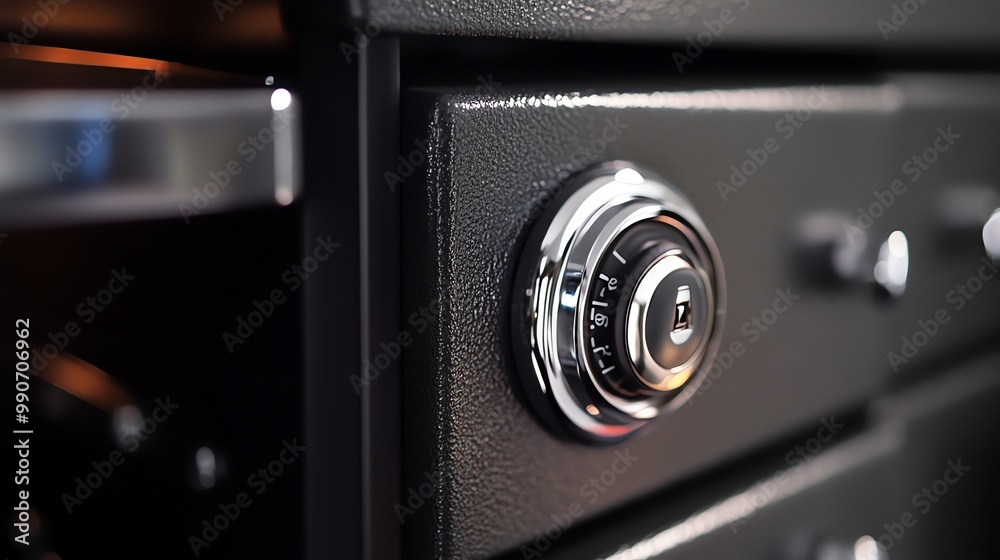 A close-up of a combination lock on a black safe. A close-up of a combination lock on a black safe.