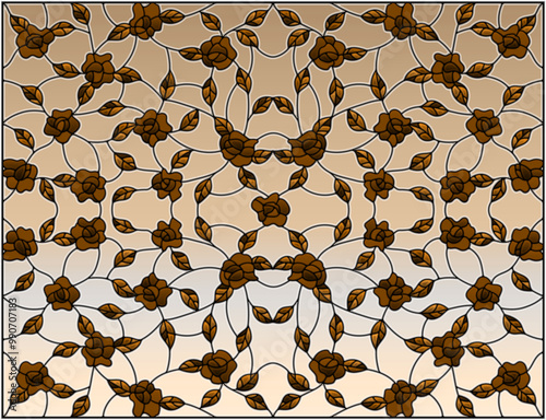 Illustration in stained glass style with a  intertwined roses on a light background, tone brown