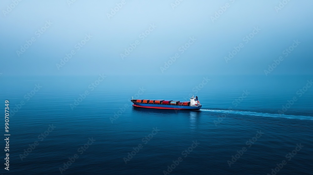 Naklejka premium A container ship sails on a calm blue ocean.