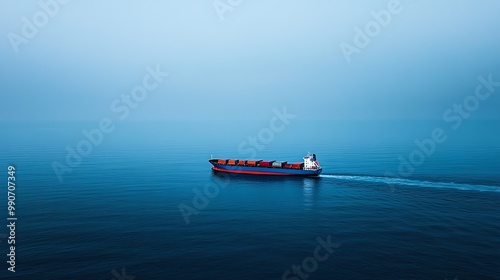 A container ship sails on a calm blue ocean.