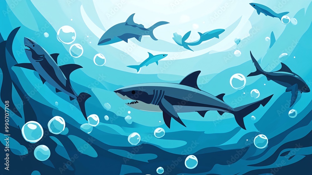 Obraz premium A group of sharks swimming in the blue ocean with air bubbles.